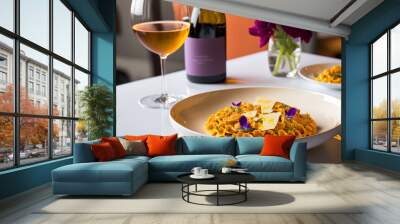 Pasta dinner with wine in a nnice restaurant Wall mural