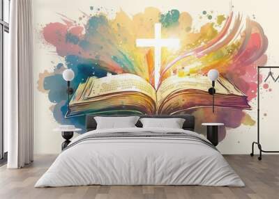 Bible illustration open book landscape art paradise sun light prayer
jesus god Divine nature background sky clouds faith religion dream christmas easter gerernative ai Wall mural