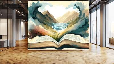 Bible illustration open book landscape art paradise sun light prayer
jesus god Divine nature background sky clouds faith religion dream christmas easter gerernative ai Wall mural