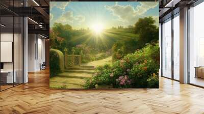 Garden illustration landscape art pathway heaven artwork paradise sun light
flowers nature background sky clouds faith religion dream  Wall mural