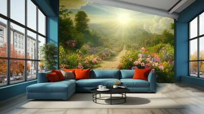 Garden illustration landscape art pathway heaven artwork paradise sun light
flowers nature background sky clouds faith religion dream  Wall mural