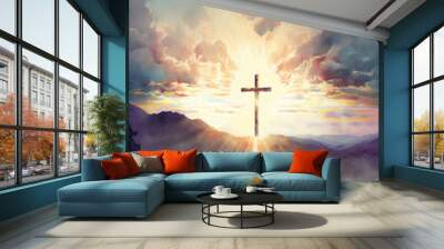 Spiritual illustration jesus cross christianity background art crucifix god
religion artwork religious landscape biblical spirit light star sunlight 
symbolic faith holy bible church easter christmas Wall mural