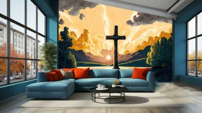 Spiritual illustration jesus cross christianity background art crucifix god
religion artwork religious landscape biblical spirit light star sunlight 
symbolic faith holy bible church easter christmas Wall mural