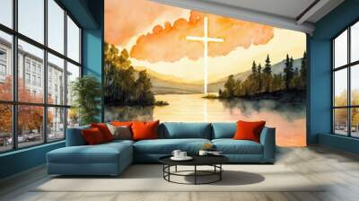 Spiritual illustration jesus cross christianity background art crucifix god
religion artwork religious landscape biblical spirit light star sunlight 
symbolic faith holy bible church easter christmas Wall mural