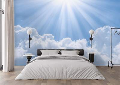 Blue sky with clouds and sun. Wall mural