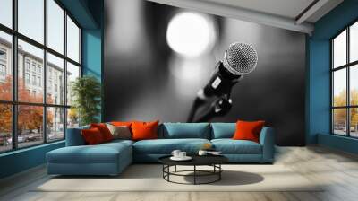 Microphone close-up with a beautiful bokeh. Black and white Wall mural