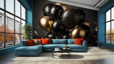 Festive background with black and gold balloons. Generative AI. Wall mural