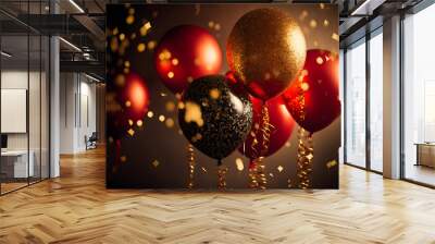 Festive background with red and gold balloons. Blurry background with balloons. Generative AI. Wall mural