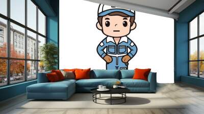 Mascot of cute boy mechanic engine repairman wearing uniform, helmet, and cap. Cartoon flat character vector illustration Wall mural