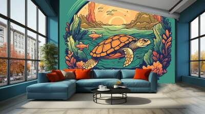 turtle swim in sea underwater scene vintage logo badge vector illustration Wall mural