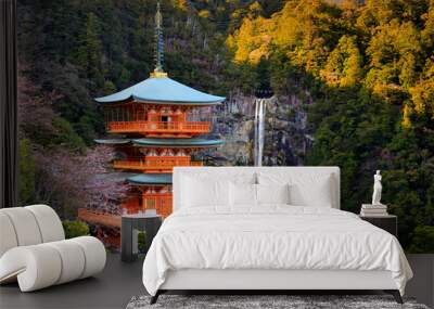 Japanese pagoda and waterfall Wall mural