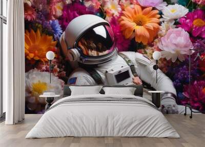 Astronaut lies amidst a vivid floral tapestry, a striking 3D blend of space exploration and earth's blossoms Wall mural