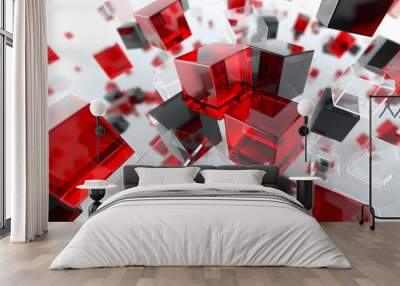 
Abstract 3D image of red and transparent cubes floating in space. Digital art of red and black cubes floating at white background. Box with vibrant color flowing. Technology and futuristic. Wall mural