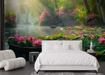 Boat in the river with blossom lotus garden Wall mural