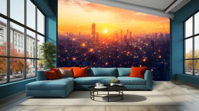 Sunset over technologically advanced city, with network of digital connections and nodes. Smart city Wall mural