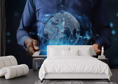 hand man using digital tablet, and world maps hologram. modern technology concept Wall mural