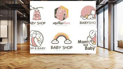 happy baby and mother icon set logo design.badges for children store & baby care center.illustration Wall mural