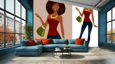 beautiful young African American woman in sexy outfit, stylized fashion illustration Wall mural