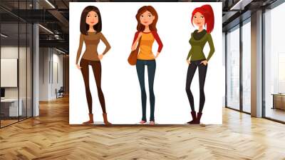 cute cartoon girls in autumn or spring fashion Wall mural