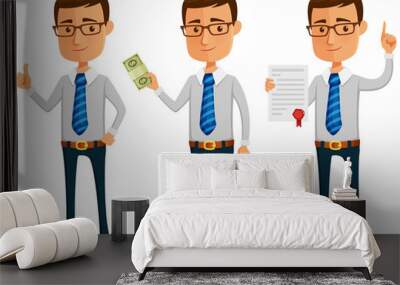 funny cartoon businessman holding stack of money or contract with seal Wall mural