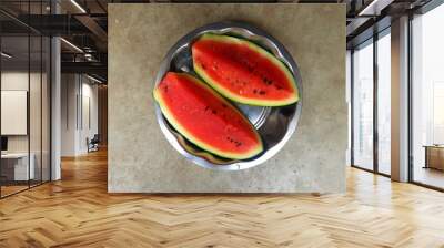 watermelon with slices on white background. Red of Slice watermelon on the plate, Summer concept. closeup of some pieces of refreshing watermelon on a white background. A fruits of summer season. 
 Wall mural