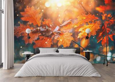 Autumn colorful bright leaves swinging on an oak tree in autumnal park. Fall  background. Beautiful nature scene Wall mural