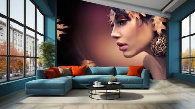 autumn woman. fashion girl makeup. fall Wall mural