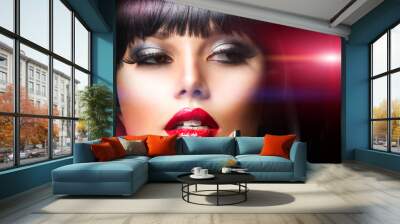 Beautiful Brunette Girl Portrait.Face.Makeup. Sensual Red Lips Wall mural