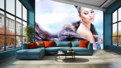 Beautiful Girl in Luxury Fur Coat Wall mural