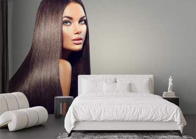 Beautiful long hair. Beauty woman with straight black hair on dark background Wall mural