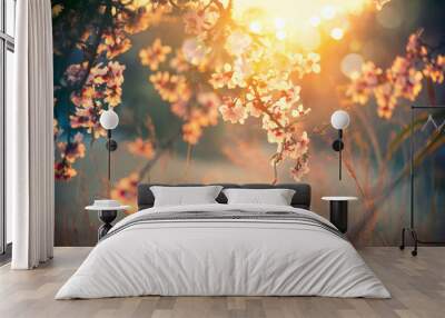 beautiful nature scene with blooming tree and sun flare Wall mural