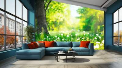 beautiful spring landscape. park with old trees, green grass and dandelions Wall mural