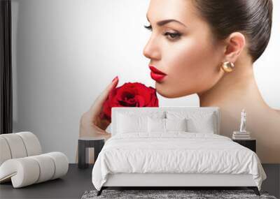 beautiful woman with red rose flower Wall mural