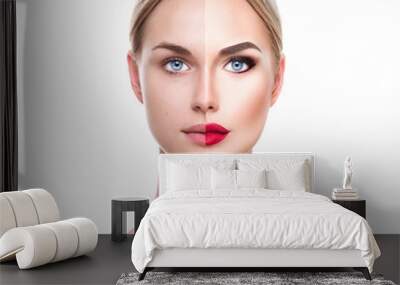 Beautiful young blonde woman before and after make-up applying. Face divided in two parts Wall mural