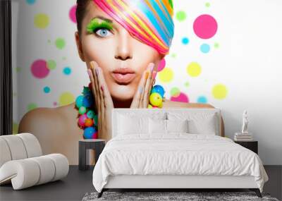 Beauty Girl Portrait with Colorful Makeup, Hair and Accessories Wall mural