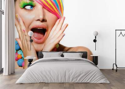 beauty girl portrait with colorful makeup, hair and accessories Wall mural