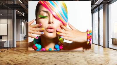 Beauty Girl Portrait with Colorful Makeup, Hair and Accessories Wall mural