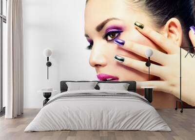 Beauty Makeup. Purple Make-up and Colorful Bright Nails Wall mural