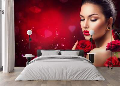 beauty romantic woman with red rose flowers. valentines day Wall mural