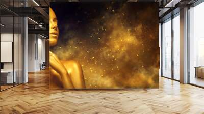 Beauty sexy woman with golden skin. Fashion art portrait closeup. Model girl with shiny golden professional makeup over holiday blinking background. Gold jewellery Wall mural