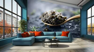 Black caviar in a spoon on dark background. Natural sturgeon black caviar closeup. Delicatessen Wall mural