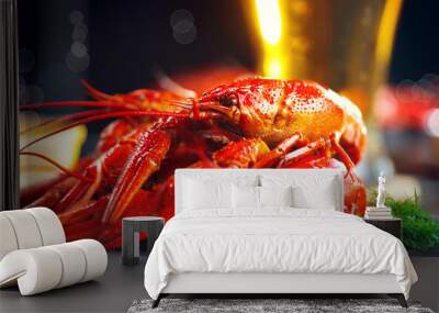 Boiled red or crawfish with a beer on a table. Crayfish closeup Wall mural