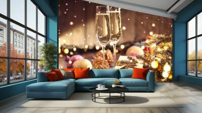 Christmas and celebration with champagne. New Year holiday decorated table Wall mural