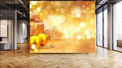 Christmas and New Year golden baubles and decorations. Winter holiday art design Wall mural