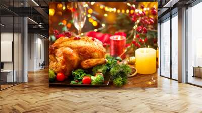 christmas family dinner. roasted chicken on holiday table, decorated with gift boxes, burning candle Wall mural