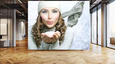 Christmas Girl.Winter woman Blowing Snow Wall mural