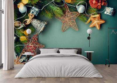 Christmas green background with retro styled baubles Wall mural