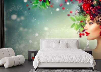 Christmas hairstyle. Holiday makeup closeup Wall mural