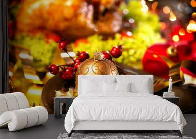 Christmas table setting with turkey. Holiday Christmas dinner Wall mural