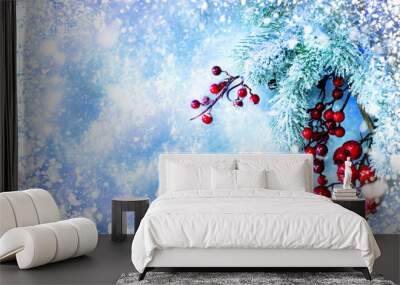 Christmas Tree and Decorations over Snow background Wall mural